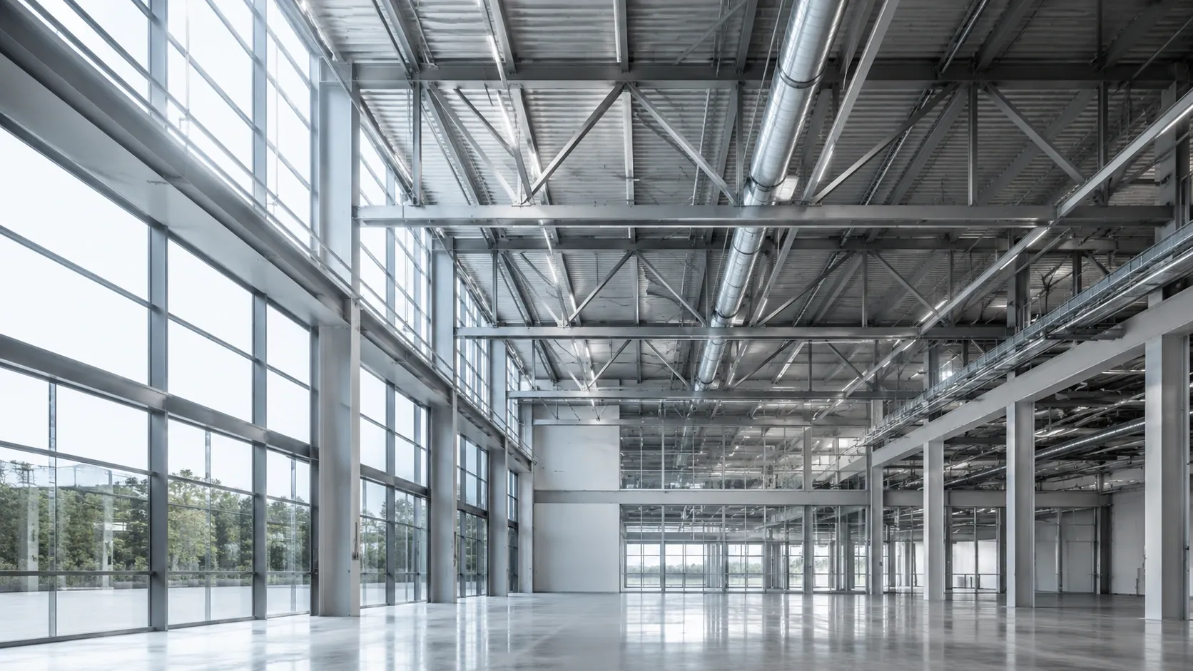 Stahlträger und hohe Fenster einer Industriehalle