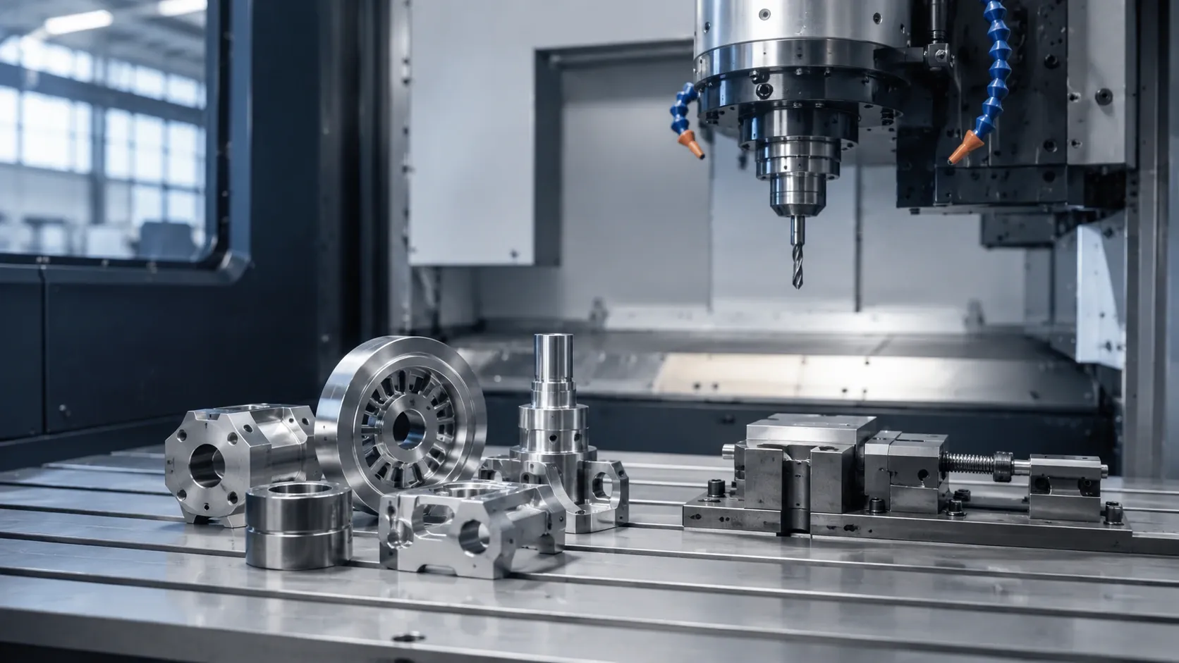 Zerspanungsmaschine in einer Fertigung, präzise bearbeitete Metallteile